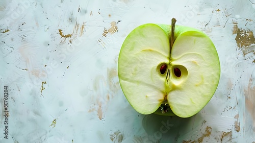Half of a crisp green apple, its refreshing crunch and tart flavor presented on a clean white surface for a healthy snack option. photo