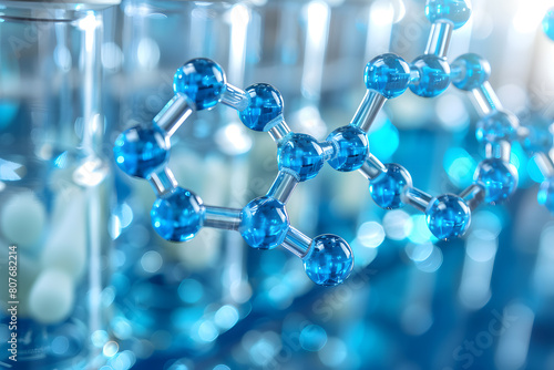 Closeup of a molecule in an azure liquid test tube