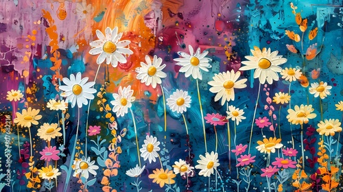 colorful chamomile plants pattern illustration poster background photo
