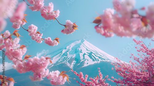 Mount Fuji with cherry blossoms in the foreground, Japan, springtime beauty, serene and iconic. Generative AI illustration  photo