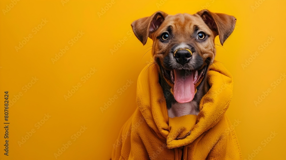Whimsical Pup Donning Stylish Attire in Vivid Yellow Studio Setting Whimsical Pup Donning Stylish Attire in Vivid Yellow Studio Setting