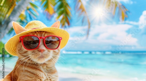 A cat wearing a straw hat and sunglasses is sitting on a beach © Tatiana