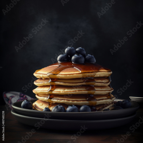 A stack of baked American pancakes or hash browns with blueberries and maple syrup on a black table and background. Delicious dessert for breakfast. Straight view