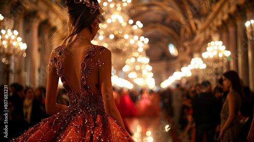 A haute couture gown, with opulent chandeliers as the background, during a glamorous fashion gala