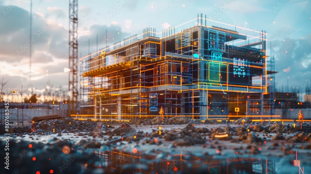 Futuristic construction site captured at dusk, illuminated by digital overlays and glowing lights