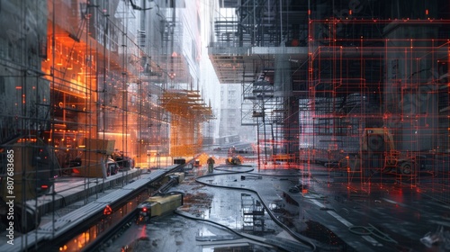 Futuristic construction site meshed with augmented reality lines, showcasing a blend of real and digital architectural elements photo