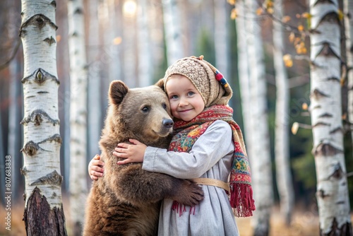 A beautiful little girl in Russian folk clothes and a headscarf in a birch grove with a live bear. Russian folklore, Slavic mythologies. Russian fairy tales. photo