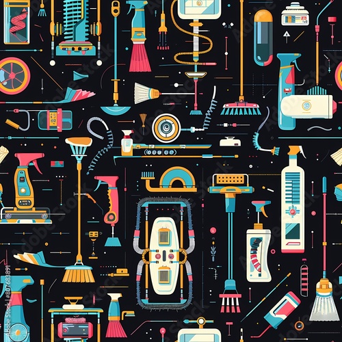 Futuristic pattern with various household appliances, seamless pattern, ideal for web design and as a background. Created with AI.