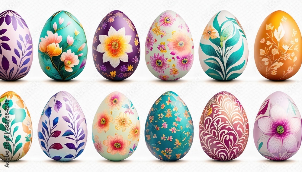 Collection of colourful hand painted decorated easter eggs on white background 