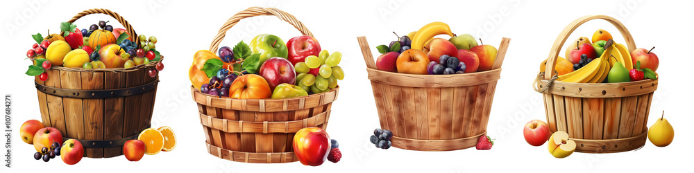 Set of fruits in basket isolated on transparent and white background Set of fruits in basket isolated on transparent and white background