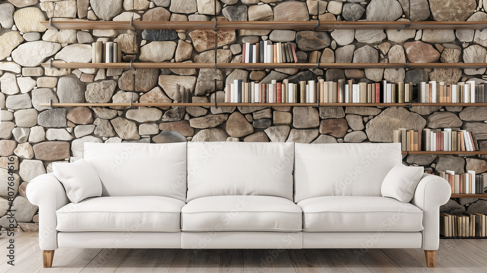 Naklejka premium copy space, stockphoto, White sofa against stone wall with wooden book shelves, design of modern living room. Modern interior design, new interior trends. Luxury living room.