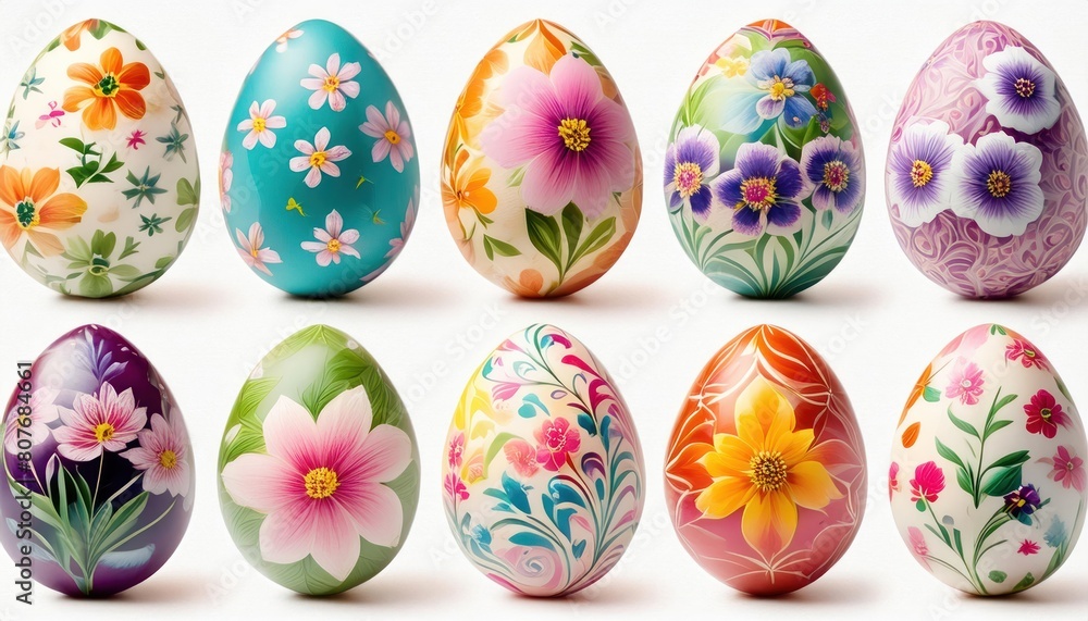 Collection of colourful hand painted decorated easter eggs on white background 