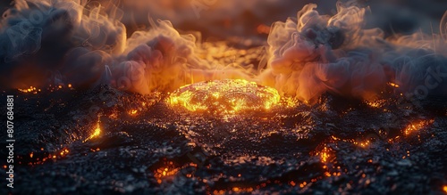 fantastical volcanic landscape under a starry sky with fiery eruptions and mystic smoke