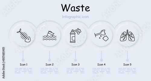 Waste set icon. Fish skeleton, refuse, tailings, cheeseparings, spray can, paint, lungs, glass, plastic, garbage in water, environmental pollution, infographic, neomorphism. Refuse concept.