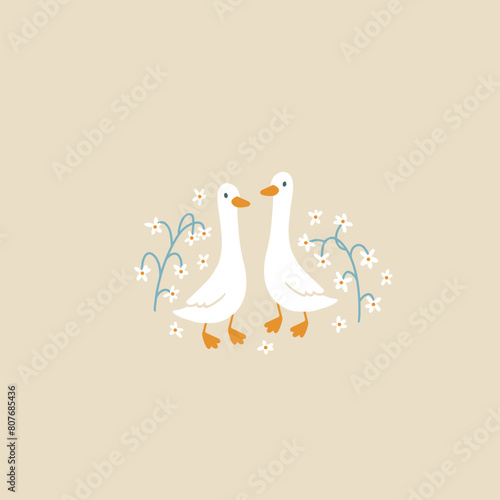 Goose vector collection. Cute cartoon characters between blooming meadow flowers in funny clothes in simple hand-drawn style. The limited vintage palette is perfect for baby prints © Світлана Харчук