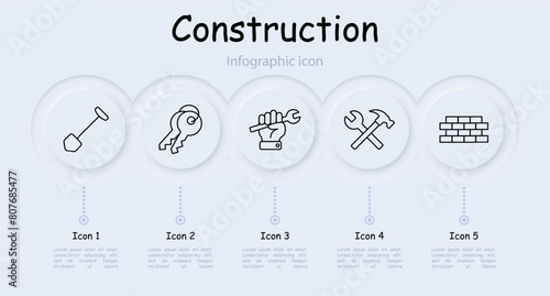 Construction set icon. Shovel, key, hand, wall, brick, hammer, cross, bunch of keys, nail, screw, infographic, neomorphism, construction plan, roller, painting, apartment layout. Building concept.