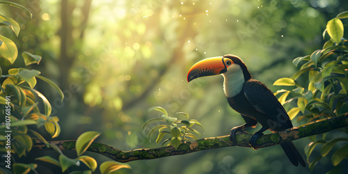Toucan in the nature of the sea and in the jungle view from Colombia. A captivating shot of a toucan nestled among jungle foliage.  