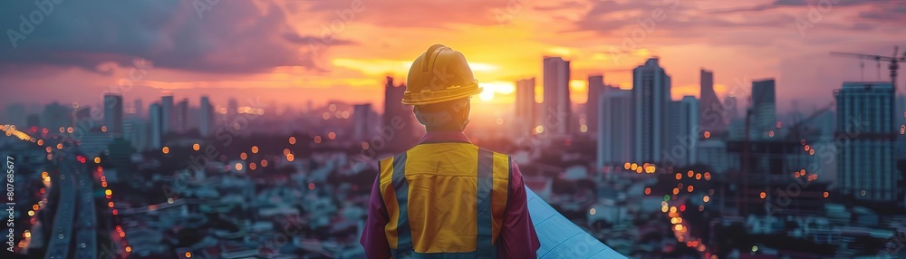 A construction worker stands on a rooftop at sunset, looking out over the city A construction worker stands on a rooftop at sunset, looking out over the city