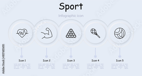Sports set icon. Infographic, neomorphism, medal, weight, racket, tennis, pulse, rod, billiards, volleyball, muscles, boxing glove, hobby. Healthy lifestyle concept.