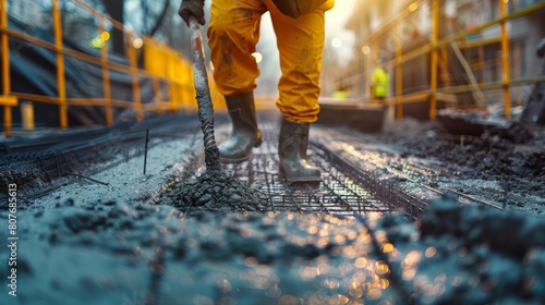 A construction worker is pouring concrete into a mold photo