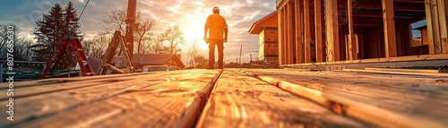 A construction worker is standing on a wooden platform at a construction site. He is wearing a hard hat and a tool belt. He is looking at the sunset. photo