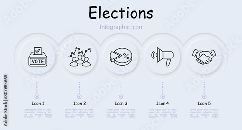 Elections set icon. Vote, candidate, speech, infographic, voting, percentage, diagram, statistics, neomorphism, hand, handshake, loudspeaker, people's opinion, passport. Electoral campaign concept.