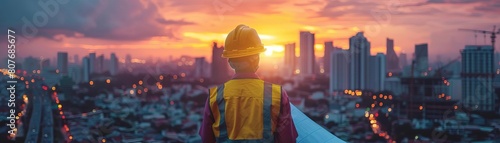 A construction worker stands on a rooftop at sunset, looking out over the city