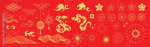 Chinese New Year icons vector set. Year of the snake with snake, cherry blossom flower, firework, hanging lantern, cloud isolated icon of Asian Lunar New Year. Oriental culture tradition illustration. © TWINS DESIGN STUDIO