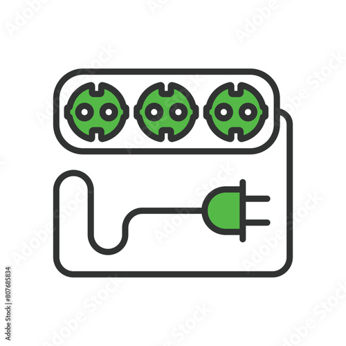 Multiple sockets, in line design, green. Multiple sockets, multiple, sockets, power, electrical on white background vector. Multiple sockets editable stroke icon.