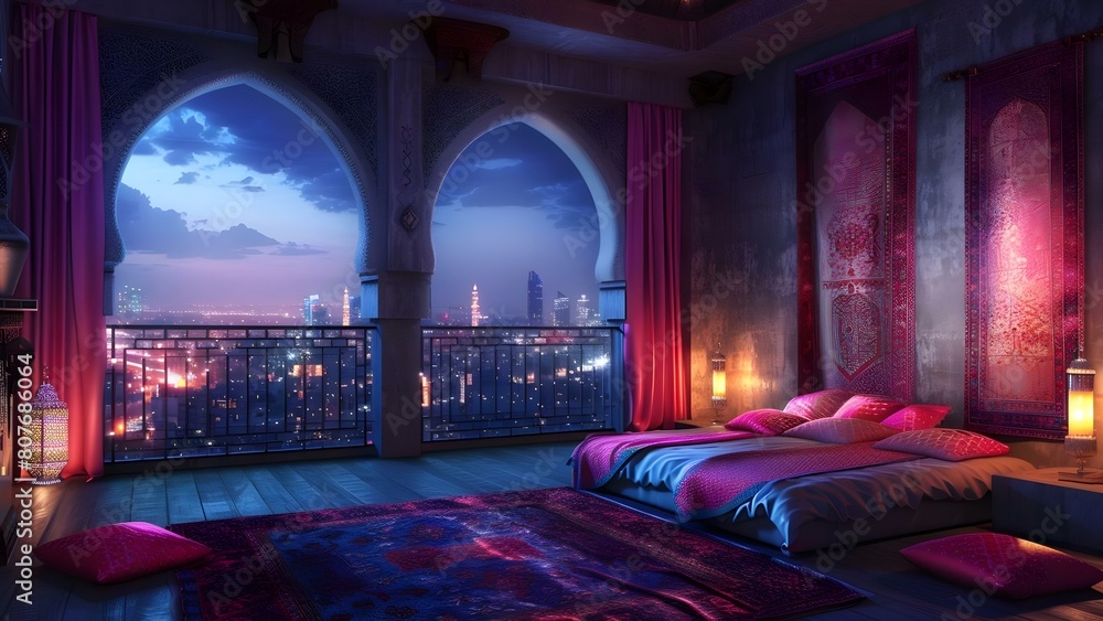 Arabic Room with Balcony Arched Windows: D Rendering of City Night View. Concept Architectural Design, Middle Eastern Decor, Night Skyline, Balcony Design, 3D Visualization Arabic Room with Balcony Arched Windows: D Rendering of City Night View. Concept Architectural Design, Middle Eastern Decor, Night Skyline, Balcony Design, 3D Visualization