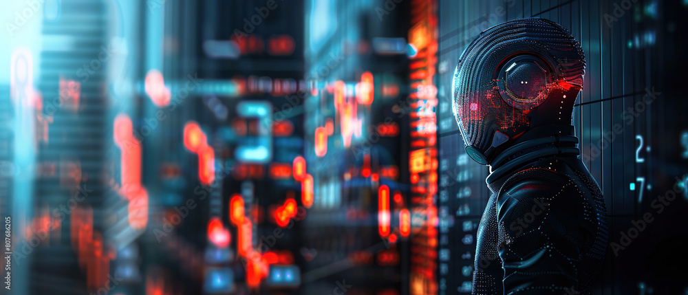A robot looking at stock market charts and numbers, symbolizing artificial intelligence in trading. The robot is analyzing the data, with empty copy space A robot looking at stock market charts and numbers, symbolizing artificial intelligence in trading. The robot is analyzing the data, with empty copy space
