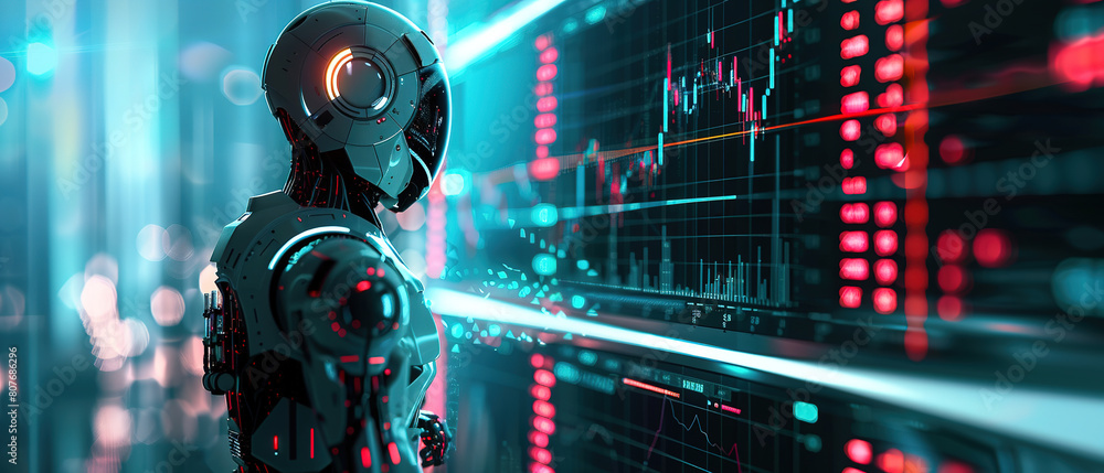 A robot looking at stock market charts and numbers, symbolizing ...