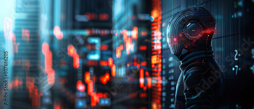 A robot looking at stock market charts and numbers, symbolizing artificial intelligence in trading. The robot is analyzing the data, with empty copy space