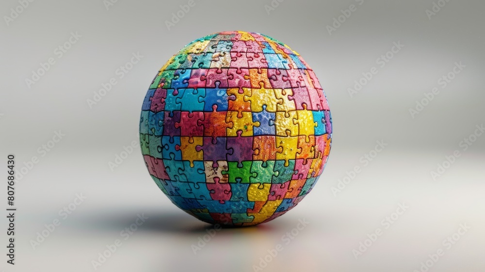 A globe made up of colorful puzzle pieces, each piece representing a different nation working together to form a whole. A globe made up of colorful puzzle pieces, each piece representing a different nation working together to form a whole.