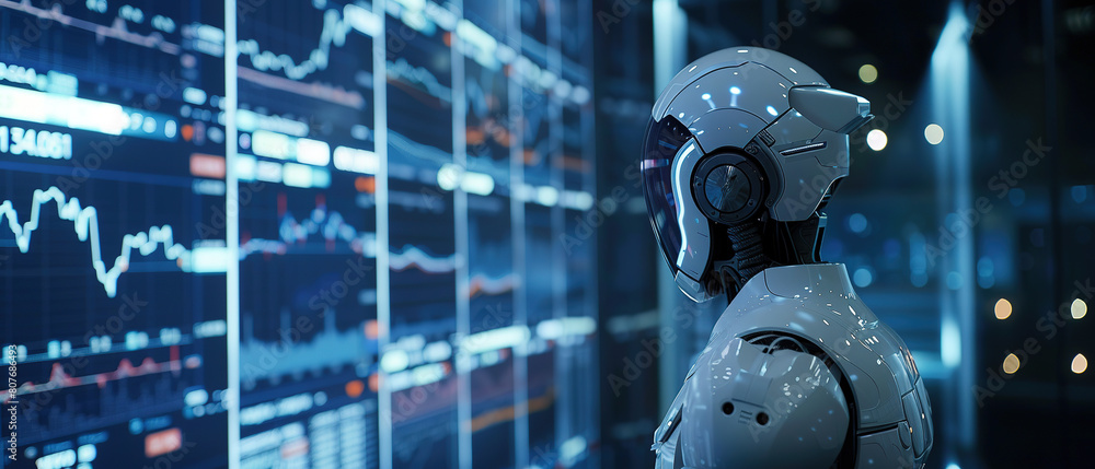 A robot looking at stock market charts and numbers, symbolizing artificial intelligence in trading. The robot is analyzing the data, with empty copy space