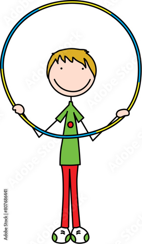 Cartoon illustration of a boy holding hula hoop ring