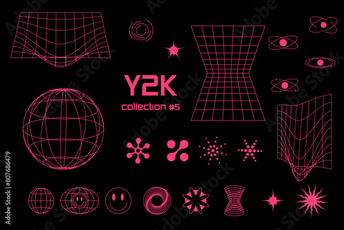 Set linear black geometric  planet neon acid pink frame figure y2k, 3d . Vector for poster, banner.