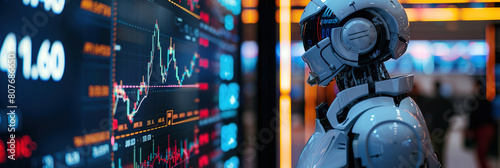 A robot looking at stock market charts and numbers, symbolizing artificial intelligence in trading. The robot is analyzing the data, with empty copy space