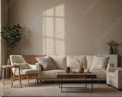 Cozy Living Room with Earthy Neutral Tones Modern Decor and Natural Light  beige and dark atmosphere