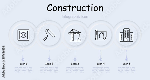 Construction set icon. Shovel, key, hand, wall, brick, hammer, cross, bunch of keys, nail, screw, infographic, neomorphism, construction plan, roller, painting, apartment layout. Building concept.