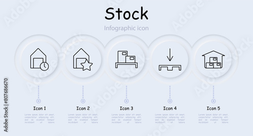 Stock set icon. Reserve, margin, supplies, store, boxes, depot, barrel, oil, mail, port, shelves with warehouses, asterisk, plus, storage, port, infographic, neomorphism. Stockroom concept.