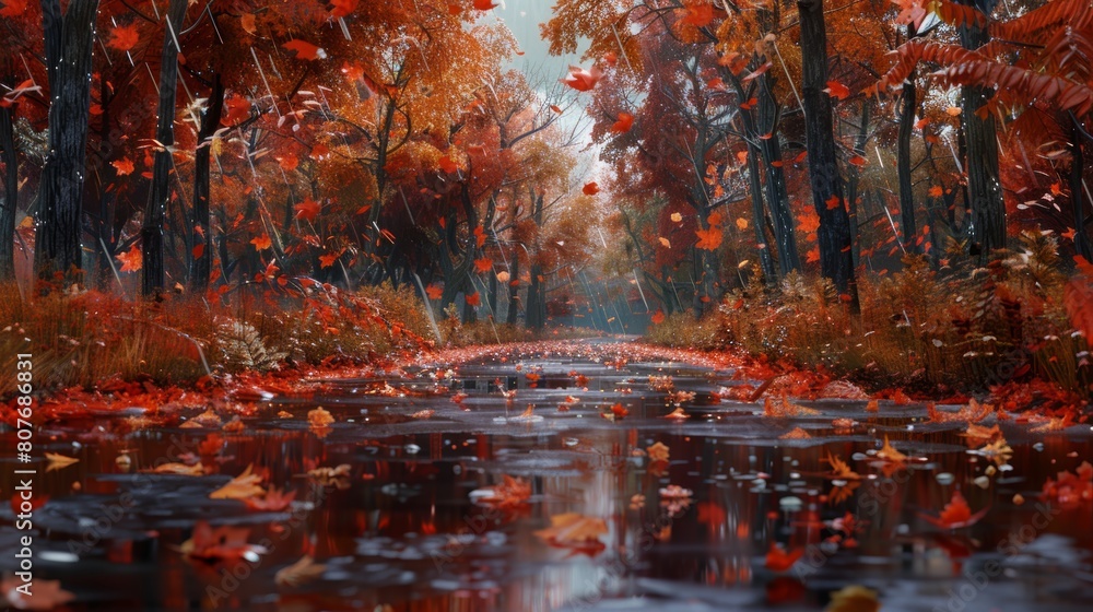 Late autumn's embrace: A rain-drenched road lined with vibrant red foliage under a canopy of fiery trees