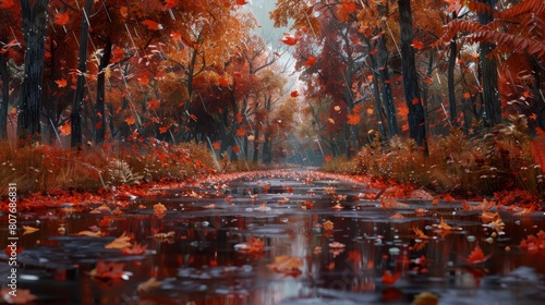 Late autumn's embrace: A rain-drenched road lined with vibrant red foliage under a canopy of fiery trees