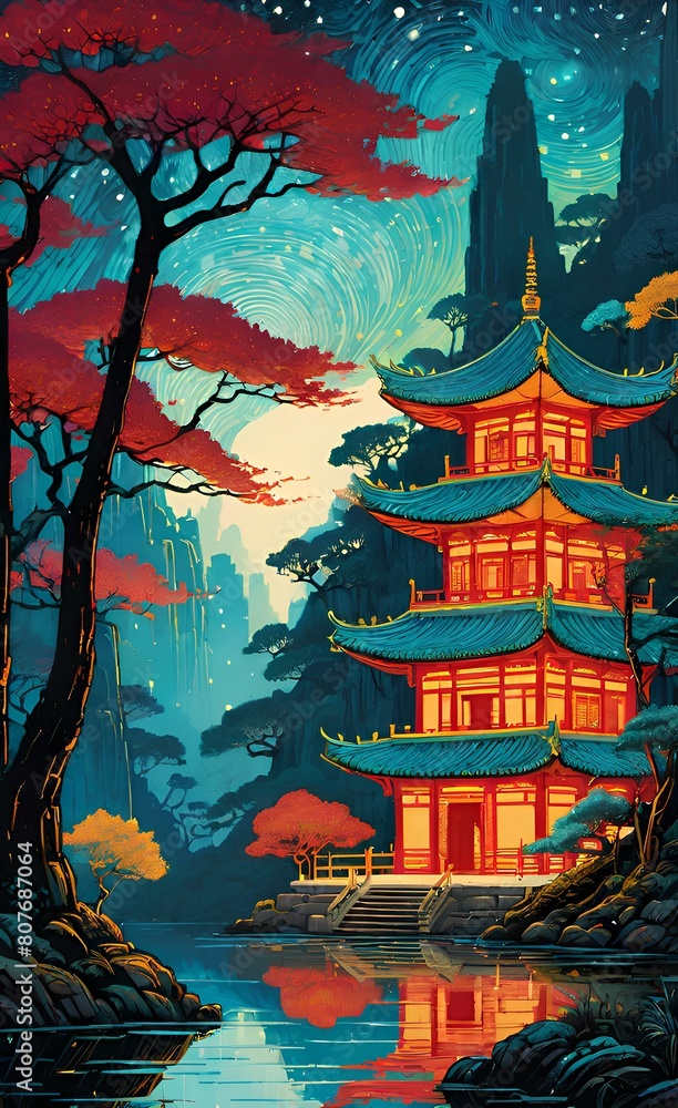 Fototapeta premium Serenity of the Ancient Temple - A Peaceful Forest in Fantasy China.
