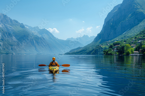 Solo kayaker in a small kayak on a vast lake, distant mountains in the backdrop, clear blue sky. AI generated.