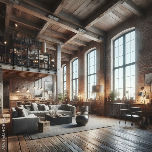 Rustic Industrial Loft brick walls and salvaged wooden beams infuse raw character into this open-plan loft. Large windows flood the space vintage industrial furniture and metallic accents. photo
