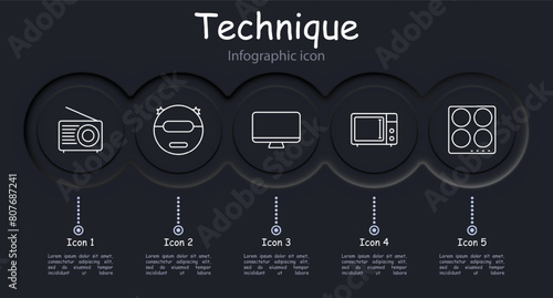 Appliances set icon. Radio, TV, monitor, computer, stove, microwave, robot cleaner, electronic scales, infographic, oven, neomorphism, clock. Modern technology concept.