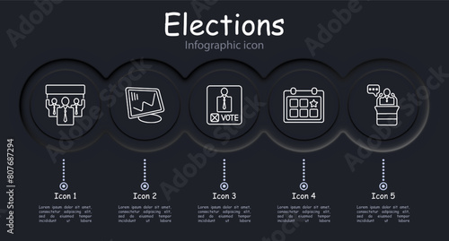 Elections set icon. Vote, candidate, speech, calendar, voting, percentage, diagram, statistics, infographic, neomorphism, people's opinion, passport. Electoral campaign concept.