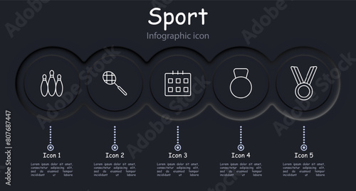 Sports set icon. Skittles, bowling, calendar, schedule, medal, weight, racket, tennis, barbell, infographic, volleyball, muscles, hobby. Healthy lifestyle concept.