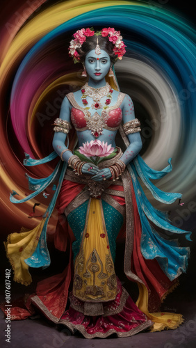 Ethereal Indian Goddess with Vibrant Circular Rainbow Halo in Traditional Attire
